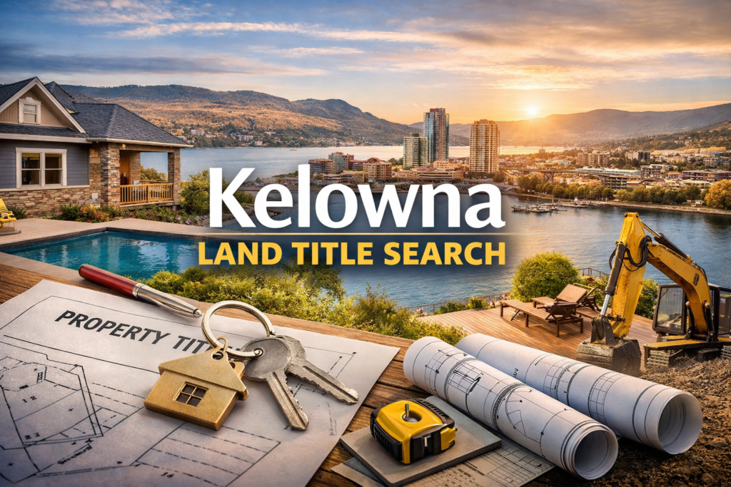 Kelowna land title search showing property records, ownership documents, and real estate development in British Columbia
