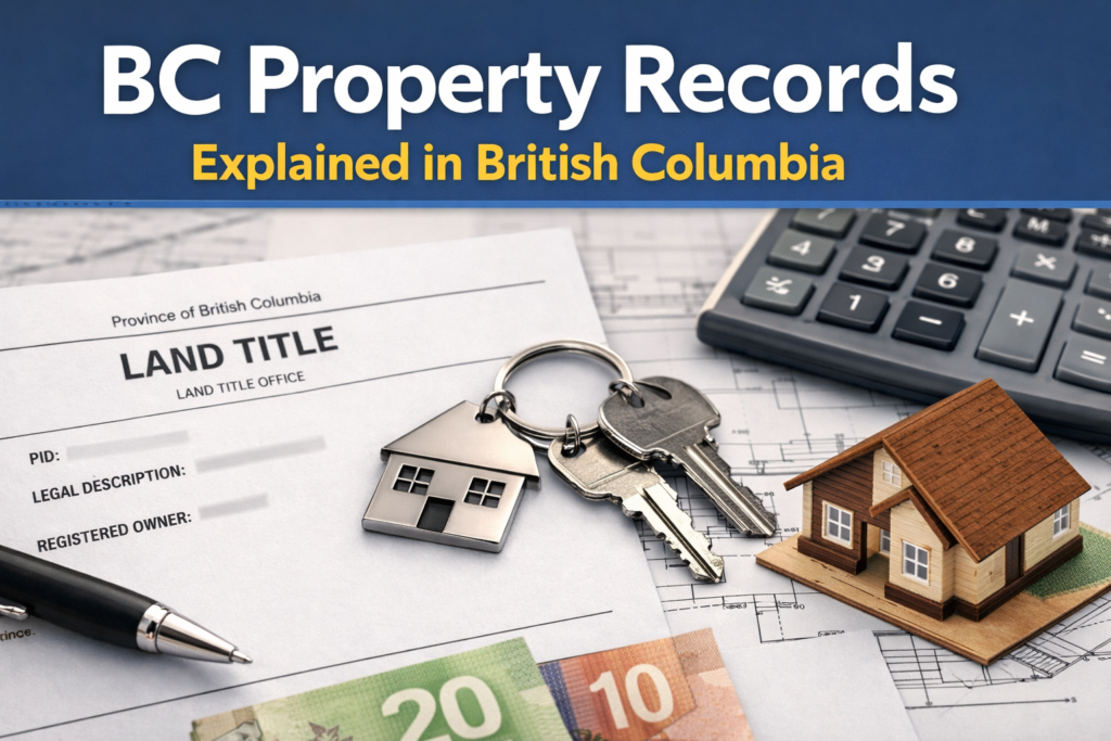 BC property records in British Columbia showing land title document, ownership details, and property information