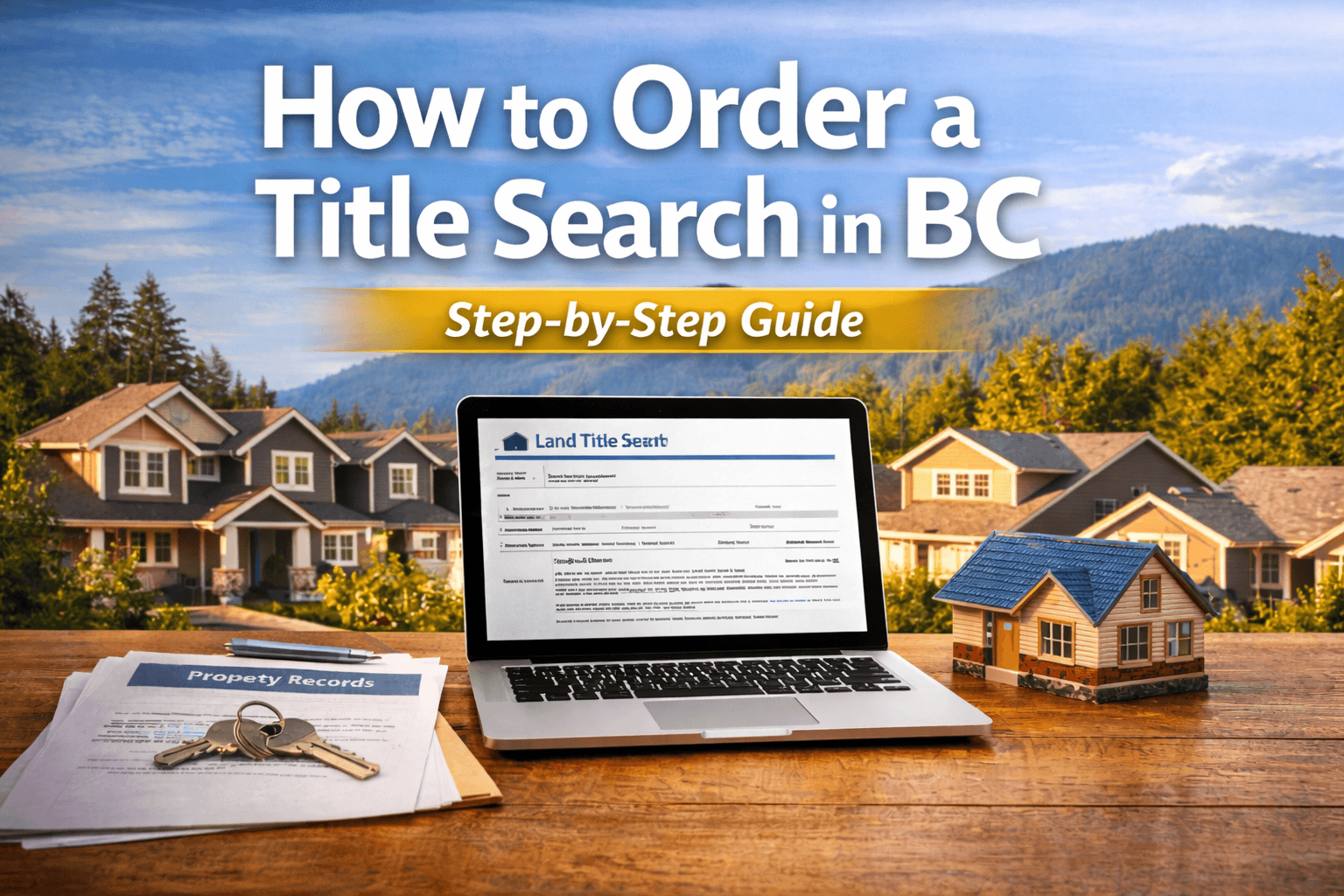How to order a title search in BC step-by-step guide showing property records and laptop