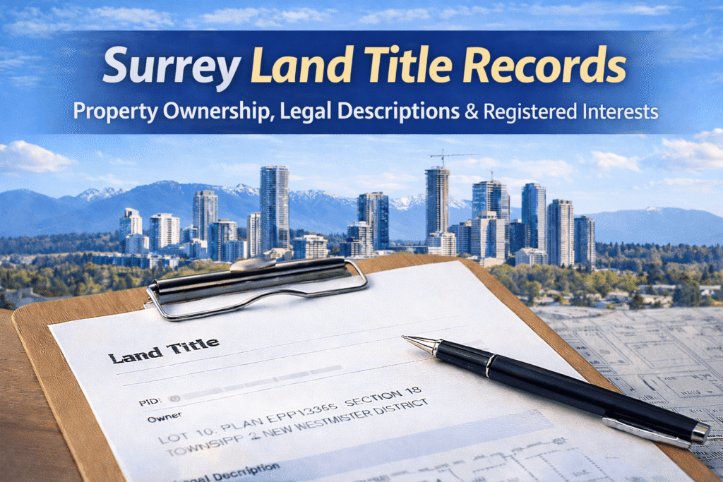 Surrey land title records showing property ownership legal descriptions and registered interests in British Columbia