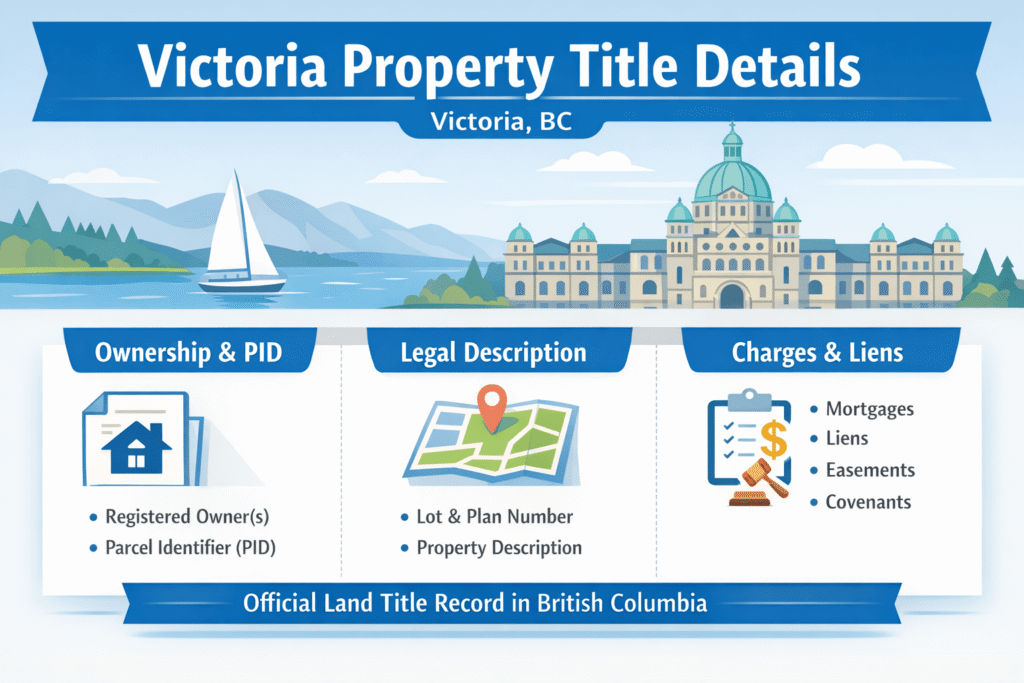 Victoria property title details showing ownership PID legal description and charges in BC