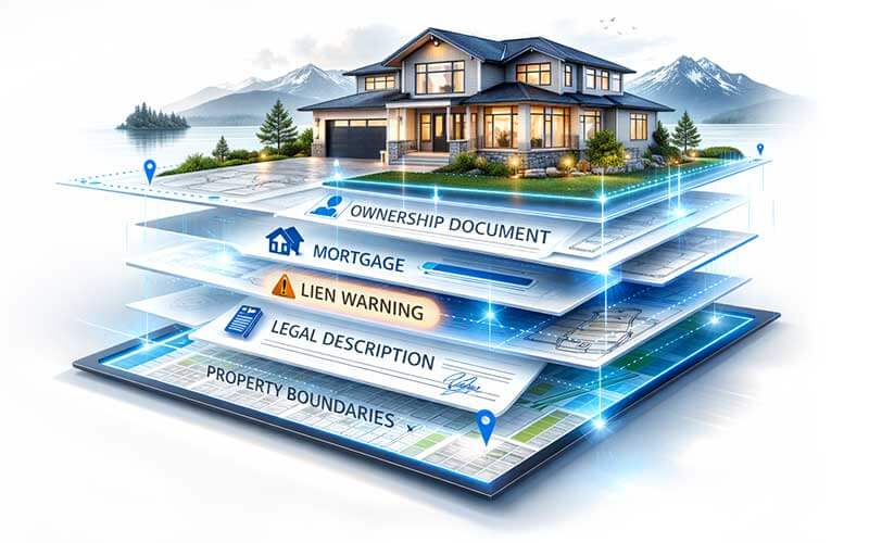 BC land title search showing property ownership, mortgages, liens, and legal description details